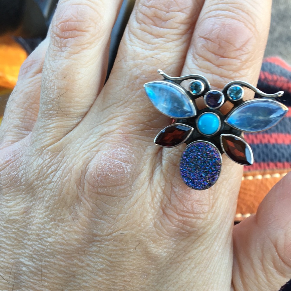 STERLING Butterfly Ring with Real Gemstones Turquoise, Garnet,